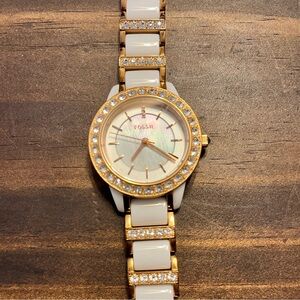 Fossil White and Gold Women's Watch with Sparkling Accents
